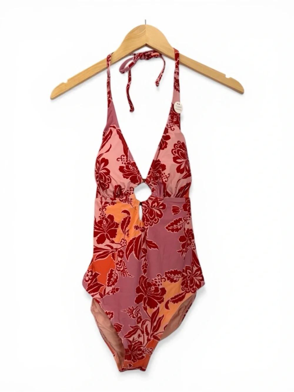 NWT Onshore La Perouse Floral Halter One Piece Swimsuit Ring Detail Pink Size 12